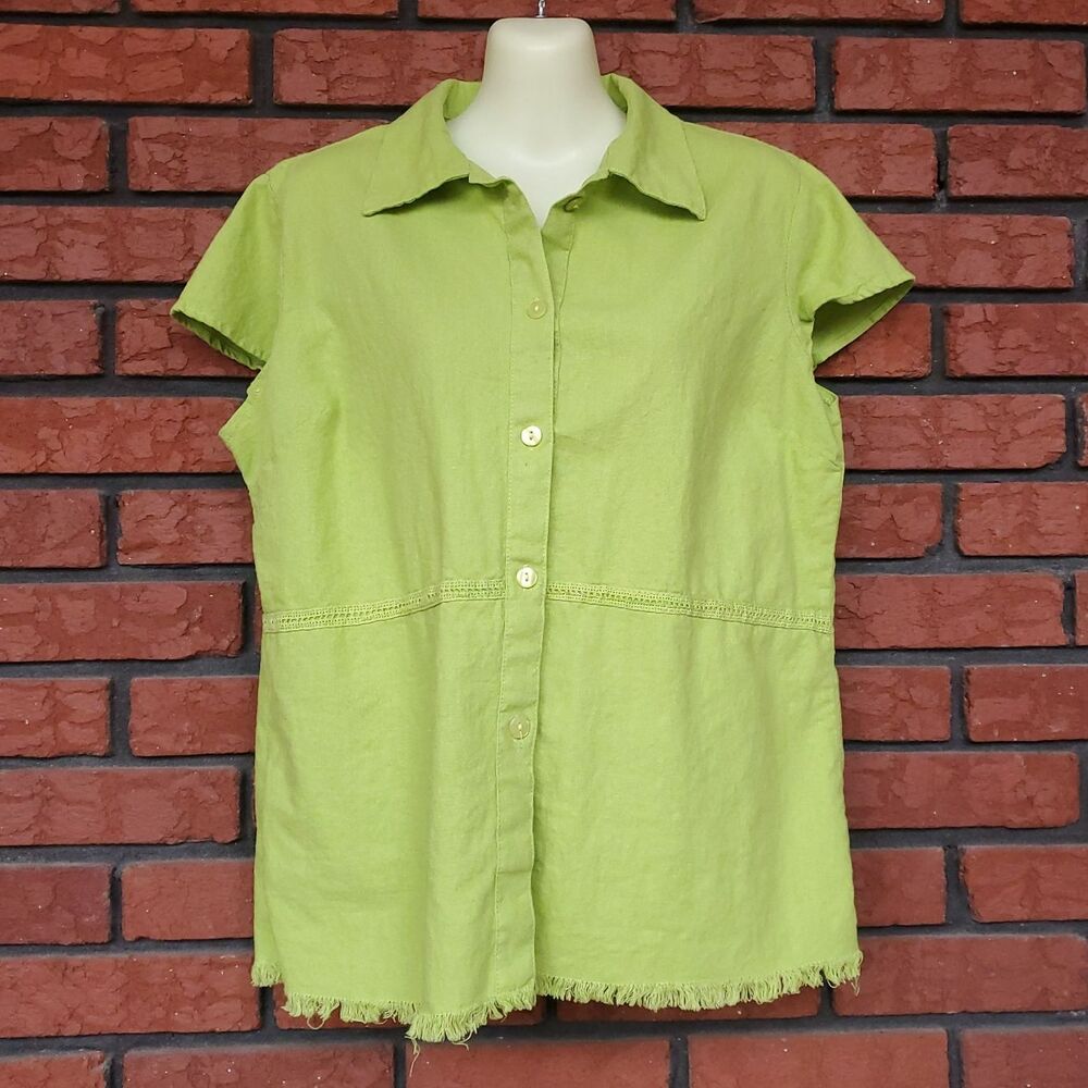 VTG Lime Green Button Up Top Sz XL Linen Blend Raw Hem Lace Accent Minimalist
